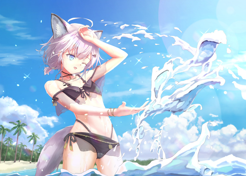 1girl ;d ahoge animal_ear_fluff animal_ears arknights arm_up bare_shoulders beach bikini black_bikini blue_eyes blue_sky cloud cowboy_shot day dot_nose extra_ears fox_ears fox_girl fox_tail genjaku grey_hair hair_ornament hairclip highres lens_flare light_rays material_growth navel ocean off-shoulder_bikini off_shoulder official_alternate_costume one_eye_closed open_mouth originium_(arknights) oripathy_lesion_(arknights) outdoors palm_tree sand see-through_clothes short_hair short_twintails side-tie_bikini_bottom sky smile solo sparkle splashing sunlight sussurro_(arknights) sussurro_(summer_flower)_(arknights) swimsuit tail tree twintails wading water wet