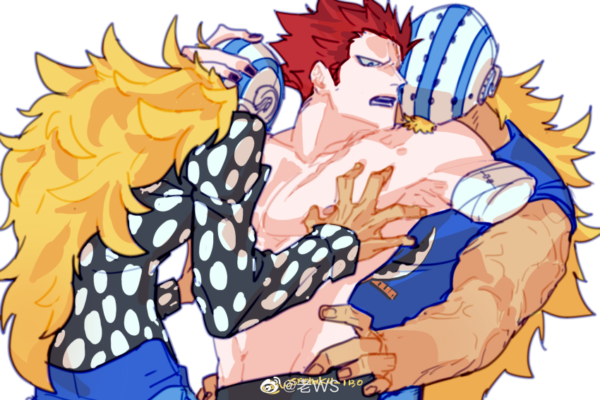 3boys amputee annoyed bara blonde_hair boy_sandwich clone dark-skinned_male dark_skin eustass_kid facial_hair facial_hair_through_mask goatee hand_on_another&#039;s_head hands_on_another&#039;s_hips head_on_another&#039;s_shoulder highres killer_(one_piece) killuaz1130 long_hair long_sideburns male_focus multiple_boys muscular muscular_male nipples one_piece pectorals poking_pecs red_hair sandwiched scar scar_on_chest short_hair sideburns time_paradox topless_male upper_body veins veiny_arms yaoi