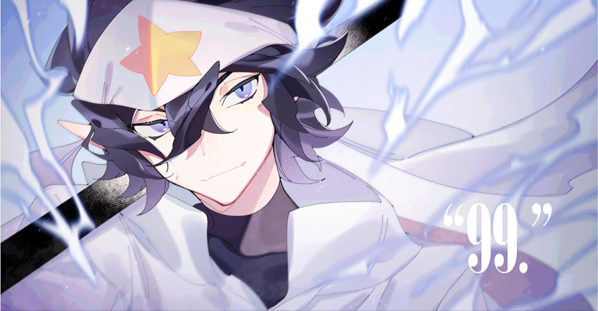 1boy aotu_world bandana black_hair black_shirt closed_mouth electricity electrokinesis hair_between_eyes headband holding holding_weapon hood hood_down hooded_jacket jacket looking_to_the_side male_focus numbered pointy_ears purple_eyes ray_(aotu_world) shirt short_hair smile solo star_(symbol) star_print turtleneck upper_body weapon white_headband white_jacket zengzhi_zhixu