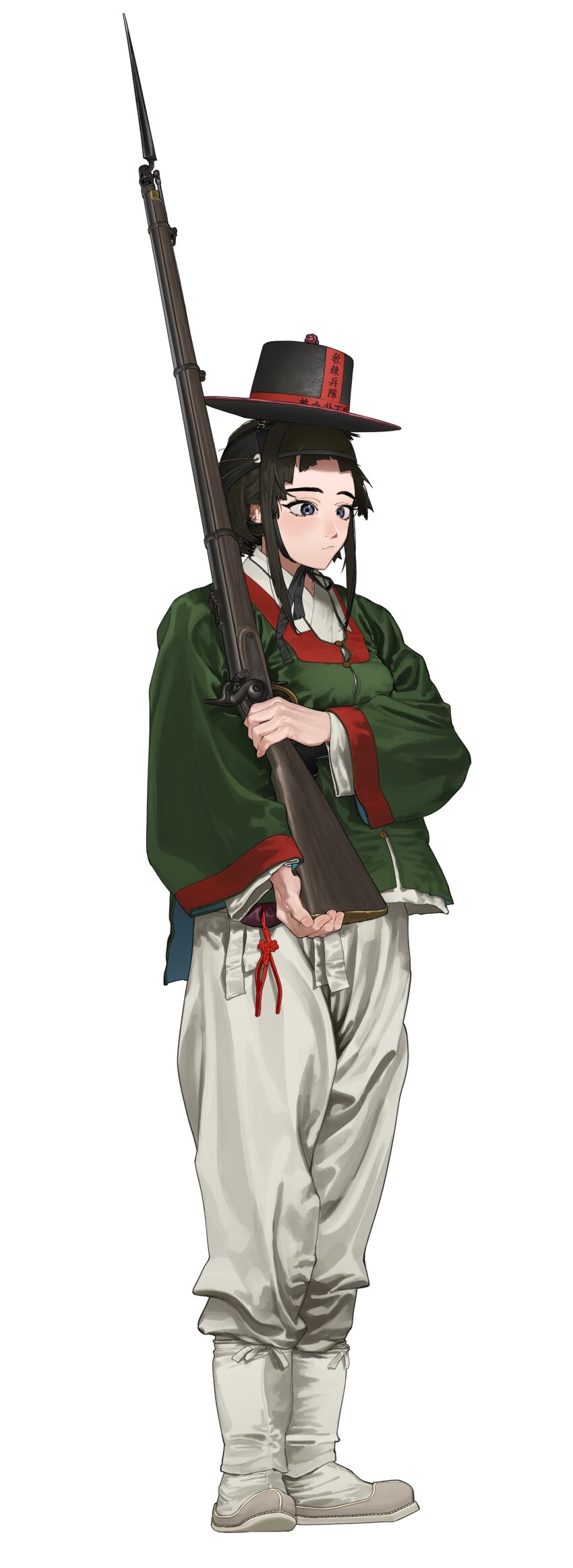 1girl absurdres antique_firearm bayonet black_hair blunt_bangs blush breasts buttons chin_strap closed_mouth commentary fingernails firearm firelock flintlock full_body grey_eyes gun hanbok hat highres holding holding_gun holding_weapon joseon_dynasty korea korean_clothes long_sleeves looking_ahead military musket original pants pzkpfwi sidelocks simple_background soldier solo standing standing_at_attention weapon white_background white_hanbok white_pants wide_sleeves