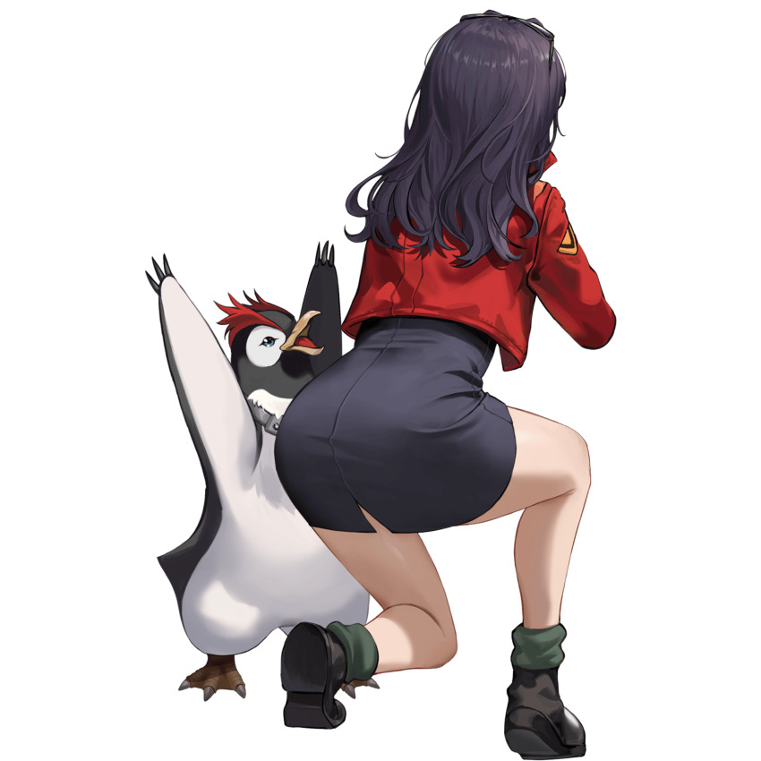 1girl absurdres artist_collaboration ass bird black_dress breasts cleavage crossover dress full_body goddess_of_victory:_nikke gun highres holding holding_gun holding_weapon jacket katsuragi_misato long_hair looking_ahead neon_genesis_evangelion official_art open_clothes open_jacket penguin penpen purple_hair red_jacket ryona simple_background solo_focus transparent_background weapon