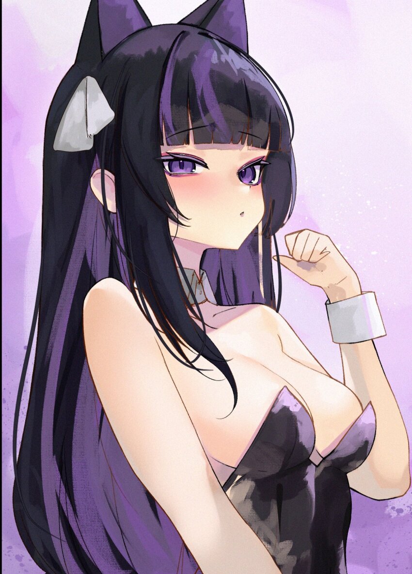 1girl animal_ears arm_up bare_shoulders black_hair black_leotard breasts cleavage commentary detached_collar eyeshadow fake_animal_ears gradient_background highres indie_virtual_youtuber large_breasts leotard long_hair makeup medium_breasts multicolored_hair pink_eyeshadow playboy_bunny portrait purple_eyes purple_hair rabbit_ears rifufu ririsya solo streaked_hair symbol-only_commentary tail upper_body virtual_youtuber watercolor_background white_hair wrist_cuffs