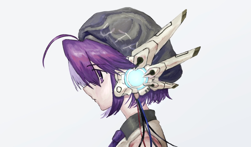 1girl ahoge bare_shoulders beret black_hat cable closed_mouth collared_shirt commentary from_side grey_background hat headgear highres necktie portrait profile purple_eyes purple_hair purple_necktie shirt short_hair simple_background sleeveless sleeveless_shirt solo tadayou_zaizyu utane_uta utau