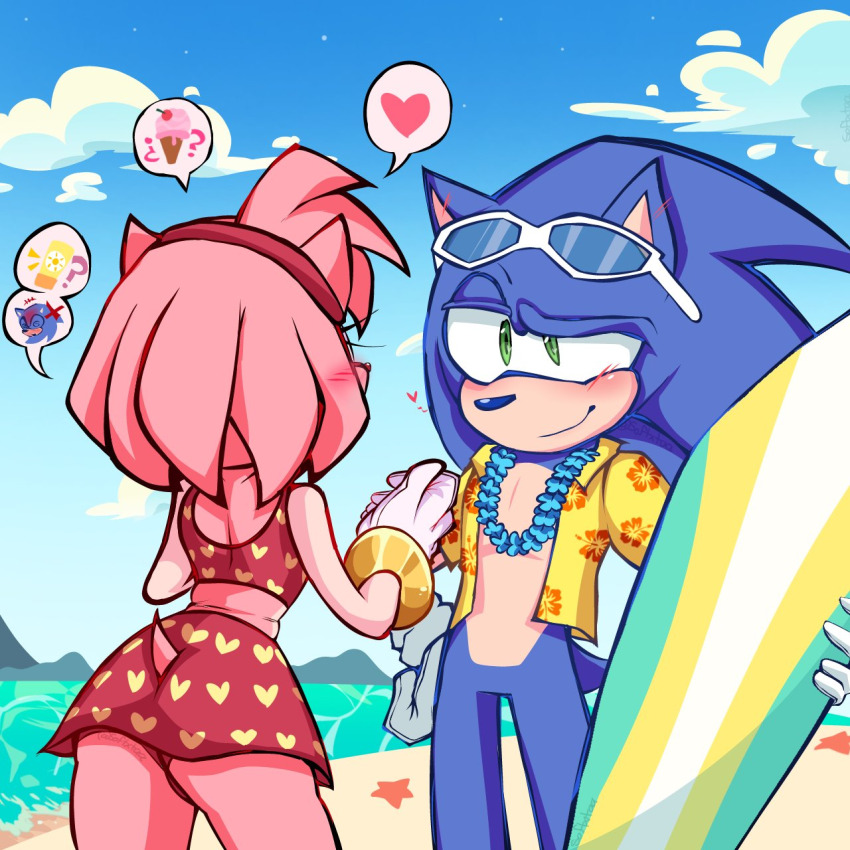 amy_rose ass ass_focus back bare_legs beach blue_fur blue_hair blush bracelet collar flower_collar food gloves green_eyes hawaiian_shirt highres huge_ass ice_cream jewelry legs lotion medium_hair ocean pink_fur pink_hair sega shirt skirt smile sonic_(series) sonic_the_hedgehog spiked_hair starfish sunglasses sunscreen swim_ring swimsuit swimsuit_skirt tail worried