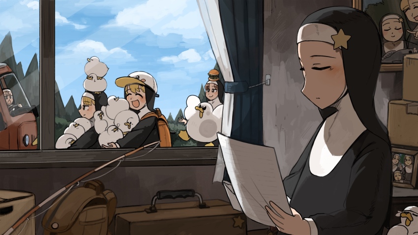 5girls :d animal animal_on_head backpack bag bird bird_on_head blonde_hair brown_bag brown_hair burger chicken closed_eyes clumsy_nun_(diva) commentary curtains diva_(hyxpk) duck duck_on_head english_commentary fishing_rod food food_on_head froggy_nun_(diva) glasses_nun&#039;s_aunt_(diva) highres hungry_nun_(diva) little_nuns_(diva) motor_vehicle multiple_girls nun object_on_head on_head open_mouth orange_bag parted_grey_nun_(diva) photo_(object) smile spicy_nun&#039;s_mother_(diva) spicy_nun_(diva) star_nun_(diva) star_ornament steering_wheel suitcase traditional_nun triangle_mouth van