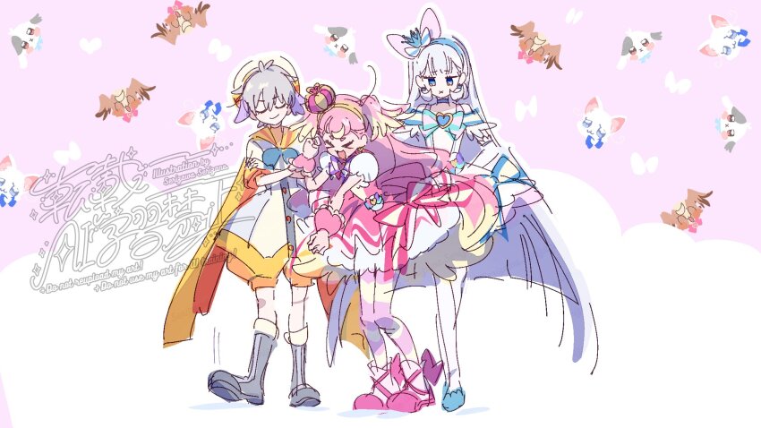 &gt;_&lt; 1boy 2girls blue_eyes blue_ribbon boots bow choker crossed_arms cure_nyammy cure_wonderful daifuku_(precure) dress earrings hair_bow highres inukai_komugi inukai_komugi_(dog) jewelry long_hair magical_boy magical_girl multicolored_hair multiple_girls nekoyashiki_yuki nekoyashiki_yuki_(cat) patterned_background pink_background pink_hair pink_ribbon precure puffy_pants ribbon sailor_collar serizawa_serizane simple_background standing toyama_daifuku two_side_up very_long_hair watermark white_dress wonderful_precure!
