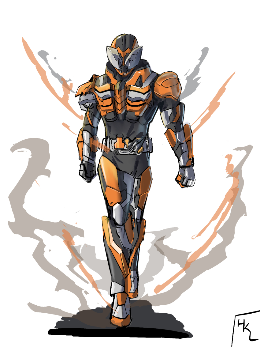 1boy armor artist_name black_bodysuit bodysuit chimera_driver clenched_hands compound_eyes fang full_body grey_armor grey_eyes hakael1998 highres kamen_rider kamen_rider_chimera kamen_rider_revice kamen_rider_revice:_battle_familia multicolored_armor orange_armor simple_background smoke standing straight-on twin_chimera_vistamp vistamp walking white_background