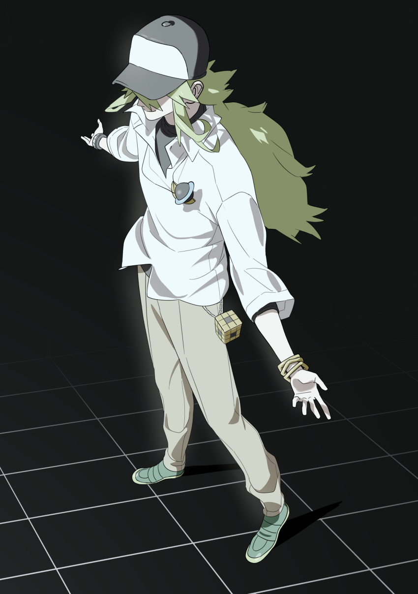 1boy 987645321o baseball_cap black_background black_shirt bracelet brown_pants closed_mouth collared_shirt commentary covered_eyes cube full_body green_hair hair_behind_ear hat highres jewelry long_hair male_focus multiple_bracelets n_(pokemon) necklace nintendo open_collar outstretched_arms pants pokemon pokemon_bw ponytail shirt shoes smile solo standing very_long_hair white_shirt wing_collar