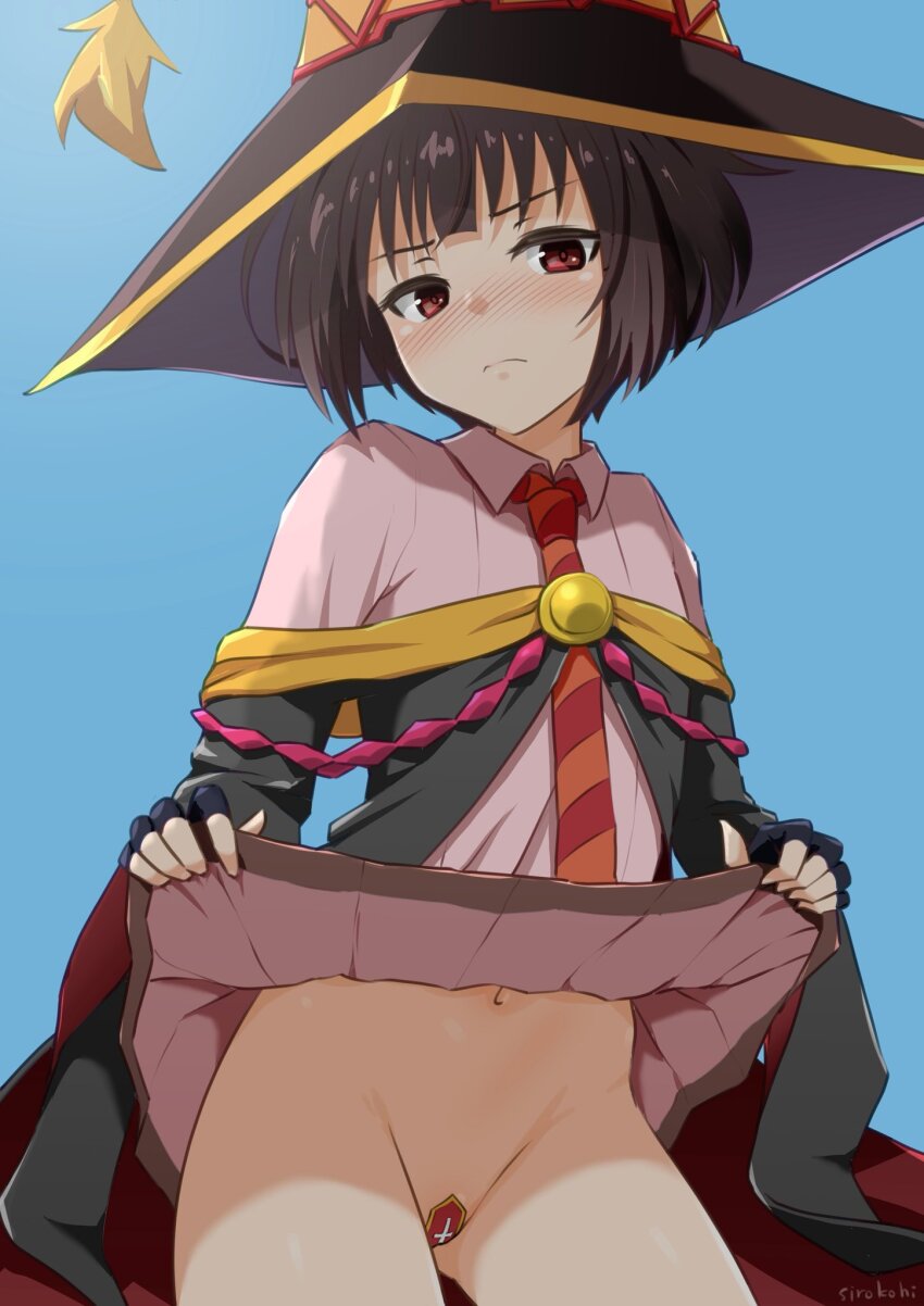 1girl artist_name black_cloak black_gloves black_hair black_hat blue_background blue_sky blunt_bangs blush breasts cloak closed_mouth clothes_lift collared_shirt commentary cowboy_shot day embarrassed eyelashes fingerless_gloves flashing frown gloves hair_between_eyes hat head_tilt highres kono_subarashii_sekai_ni_bakuen_wo! kono_subarashii_sekai_ni_shukufuku_wo! lifting_own_clothes looking_at_viewer megumin navel necktie no_panties nose_blush orange_necktie outdoors paid_reward_available pasties pink_shirt pink_skirt red_eyes red_necktie red_prison_magic_school_uniform school_uniform shirt short_hair sidelocks signature simple_background sirokohi skirt skirt_lift sky small_breasts solo standing striped_necktie sunlight v-shaped_eyebrows variant_set witch_hat