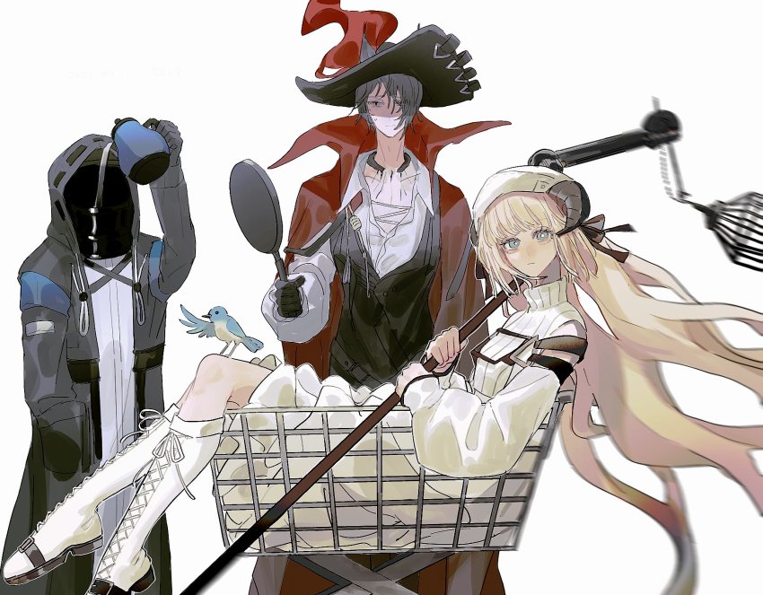 1boy 1girl 1other animal_ears arknights bird black_vest blonde_hair brown_hair doctor_(arknights) dress expressionless frying_pan highres horns in_shopping_cart kettle long_hair looking_at_viewer nightingale_(arknights) phantom_(arknights) phantom_(focus)_(arknights) shopping_cart sorairo_no_sora staff very_long_hair vest white_dress