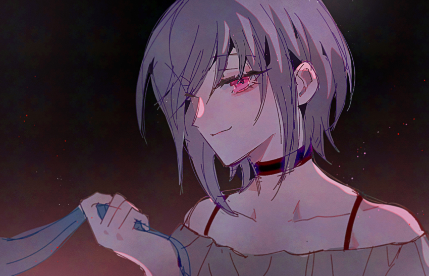 2girls bang_dream! bang_dream!_it&#039;s_mygo!!!!! black_choker choker collarbone commentary grey_shirt highres maybecrosswise multiple_girls off-shoulder_shirt off_shoulder pink_eyes purple_hair shirt short_hair sidelocks solo_focus togawa_sakiko yuutenji_nyamu