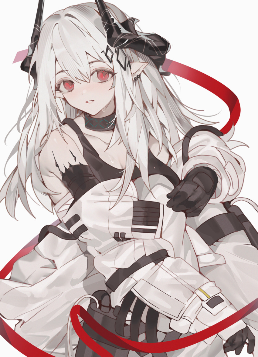 1girl absurdres arknights black_gloves black_sports_bra breasts chise_(cym23730) cleavage ear_piercing elite_ii_(arknights) gloves highres horns infection_monitor_(arknights) jumpsuit large_breasts long_hair material_growth mudrock_(arknights) mudrock_(elite_ii)_(arknights) open_jumpsuit oripathy_lesion_(arknights) parted_lips piercing pointy_ears red_eyes sarashi simple_background solo sports_bra sweat white_background white_hair white_jumpsuit