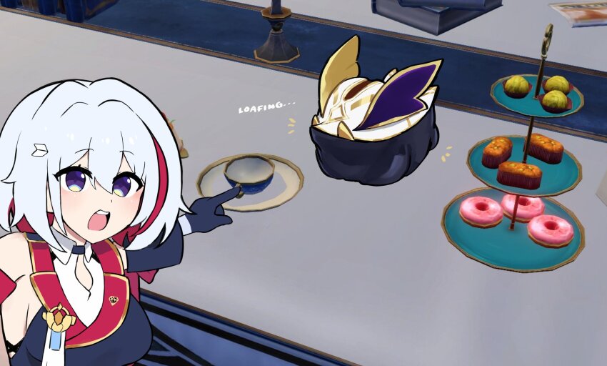 1girl bare_shoulders black_gloves blush breasts colored_inner_hair commentary cup daily/topaz_doodles donut english_commentary english_text food gloves grey_hair hair_between_eyes hair_ornament highres honkai:_star_rail honkai_(series) looking_at_viewer meme multicolored_hair numby_(honkai:_star_rail) plate pointing pointing_at_another red_hair streaked_hair teacup teeth topaz_(honkai:_star_rail) trotter_(honkai:_star_rail) two_soyjaks_pointing_(meme) upper_body upper_teeth_only