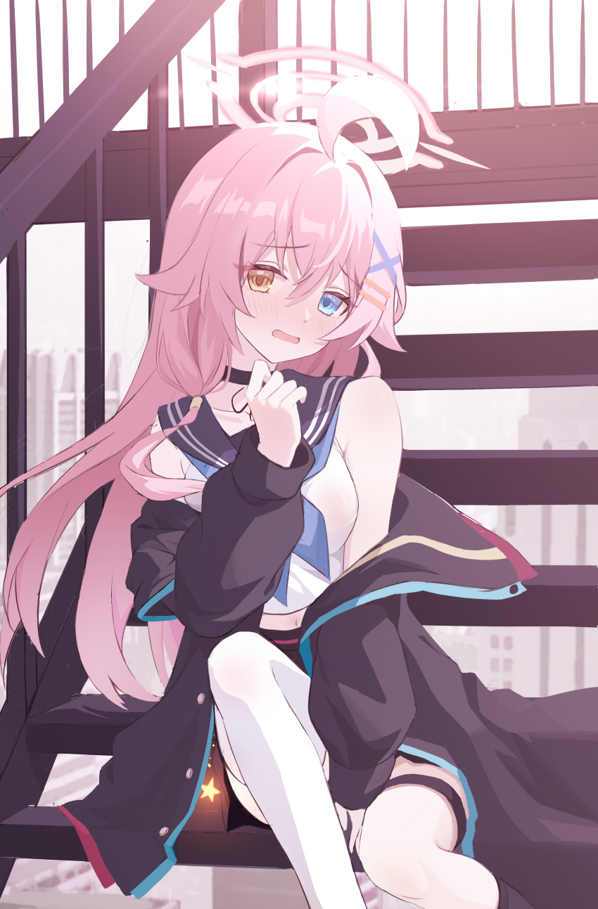 1girl absurdres ahoge alternate_costume bare_shoulders between_legs black_choker black_jacket blue_archive blue_eyes blue_neckerchief blue_sailor_collar blush breasts chinese_commentary choker commentary_request embarrassed fengshengruyu halo hand_between_legs hand_up heterochromia highres hoshino_(blue_archive) jacket jacket_partially_removed long_hair long_sleeves looking_at_viewer medium_breasts neckerchief open_mouth outdoors pink_hair pink_halo sailor_collar school_uniform serafuku shirt sitting sitting_on_stairs solo stairs thighhighs white_shirt white_thighhighs yellow_eyes