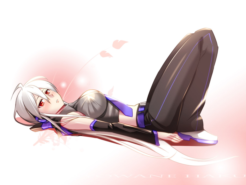 1girl ahoge blush breasts caffein cleavage detached_sleeves female_focus headphones large_breasts long_hair lying necktie on_back red_eyes silver_hair solo vocaloid yowane_haku