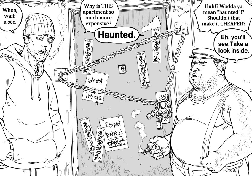 2boys absurdres bb_(baalbuddy) chain chained cigar cigarette closed_eyes door doorknob english_text facial_hair fat fat_man hands_in_pockets hat haunted highres holding holding_cigar hood hoodie indoors multiple_boys ofuda original peephole smoking speech_bubble stubble suspenders woollen_cap