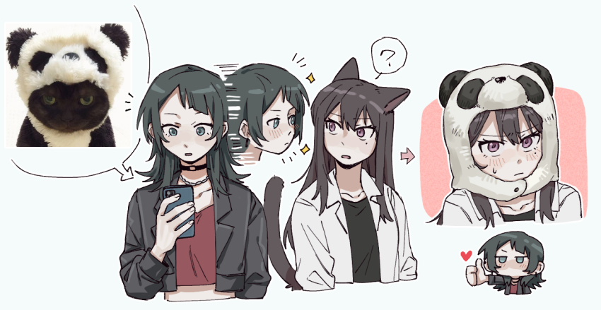 2girls animal_ears bang_dream! bang_dream!_it&#039;s_mygo!!!!! black_choker black_hair black_jacket black_shirt blue_eyes blush brown_hair cat cat_ears cat_girl cat_tail choker clothed_female_nude_male commentary_request criangle_k. heart jacket kemonomimi_mode long_hair medium_hair mole mole_under_eye multiple_girls nude o-ring open_mouth panda purple_eyes red_shirt shiina_taki shirt sweatdrop tail white_jacket yahata_umiri
