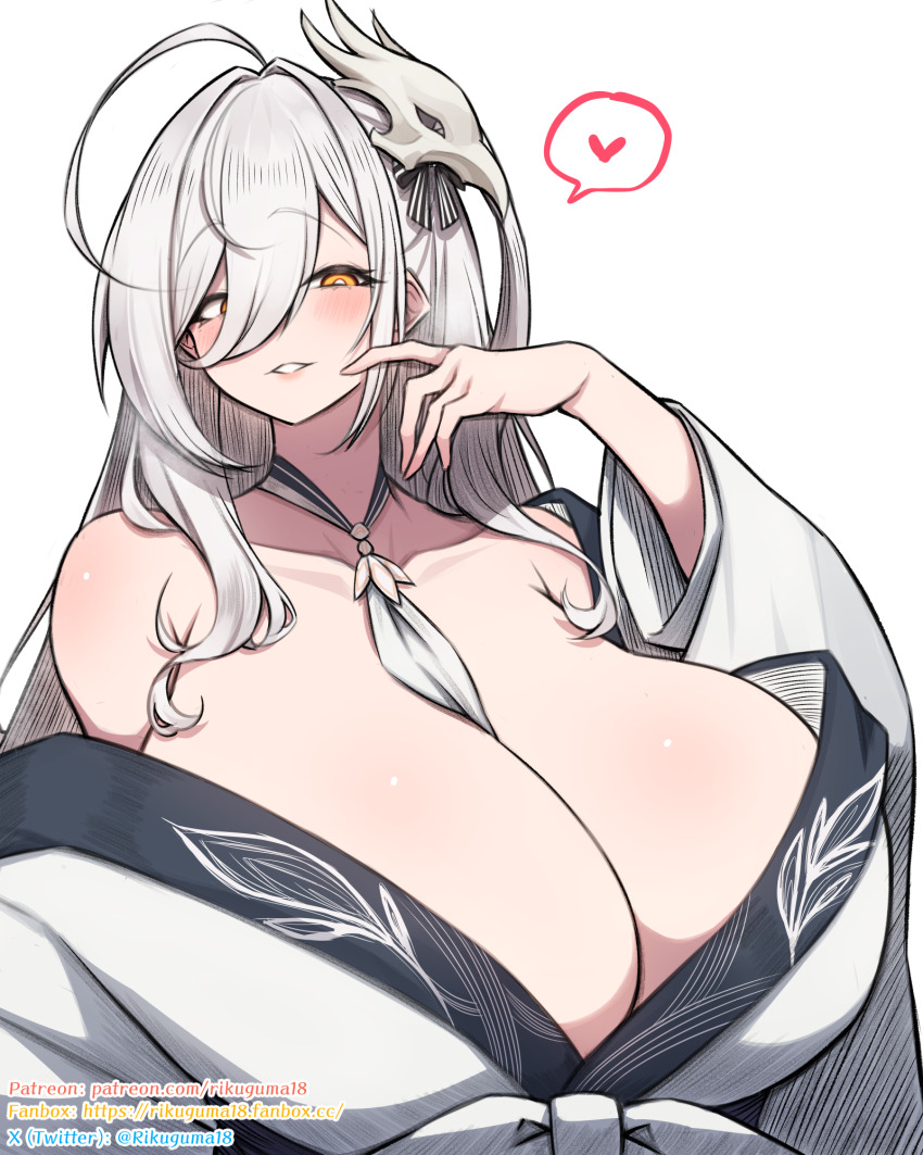1girl ahoge alternate_breast_size_(larger) arm_at_side armpit_crease azur_lane bare_shoulders between_breasts bird_mask black_collar black_ribbon blush breasts bright_pupils collar collarbone commentary fanbox_username finger_to_cheek gigantic_breasts grey_hair grin hair_between_eyes hair_ribbon hakuhou_(azur_lane) half-closed_eyes hand_up heart highres huge_ahoge japanese_clothes kimono long_bangs long_hair long_sleeves looking_at_viewer mask mask_on_head off_shoulder parted_lips patreon_username ribbon rikuguma simple_background smile solo speech_bubble spoken_heart striped_ribbon twitter_username two-tone_collar upper_body white_background white_collar white_kimono white_pupils wide_sleeves yellow_eyes