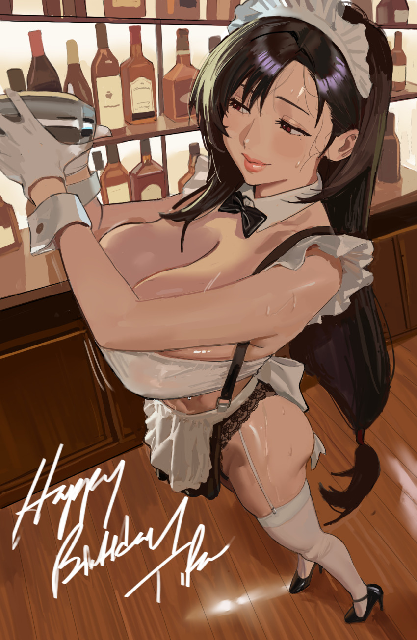 1girl alcohol alternate_costume apron asymmetrical_bangs bar_(place) black_bow black_bowtie black_hair black_shoes bottle bow bowtie breasts cleavage closed_mouth cocktail_shaker commentary detached_collar enmaided final_fantasy final_fantasy_vii final_fantasy_vii_remake garter_belt gloves happy_birthday high_heels highres hintobento huge_breasts indoors large_breasts long_hair low-tied_long_hair maid maid_apron maid_headdress red_eyes shoes smile solo sweat thighhighs tifa_lockhart very_long_hair white_gloves white_thighhighs