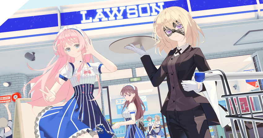 3d 6+girls absurdres arm_up artist_request bang_dream! bang_dream!_it&#039;s_mygo!!!!! black_jacket black_mask black_pants black_ribbon black_vest blonde_hair blue_eyes blue_hair blue_skirt breasts brown_eyes brown_hair chihaya_anon chinese_commentary closed_mouth commentary_request commission convenience_store gloves grey_eyes grey_hair hair_between_eyes hand_up highres jacket kaname_raana large_breasts lawson long_hair long_sleeves maid maid_headdress mask masquerade_mask medium_breasts medium_hair misumi_uika multiple_girls mygo!!!!!_(bang_dream!) nagasaki_soyo neck_ribbon oblivionis_(bang_dream!) open_clothes open_jacket pants pink_hair puffy_short_sleeves puffy_sleeves purple_eyes ribbon second-party_source security_camera shiina_taki shirt shop shopping_cart short_hair short_sleeves sidelocks skirt takamatsu_tomori togawa_sakiko v vest white_gloves white_hair white_shirt
