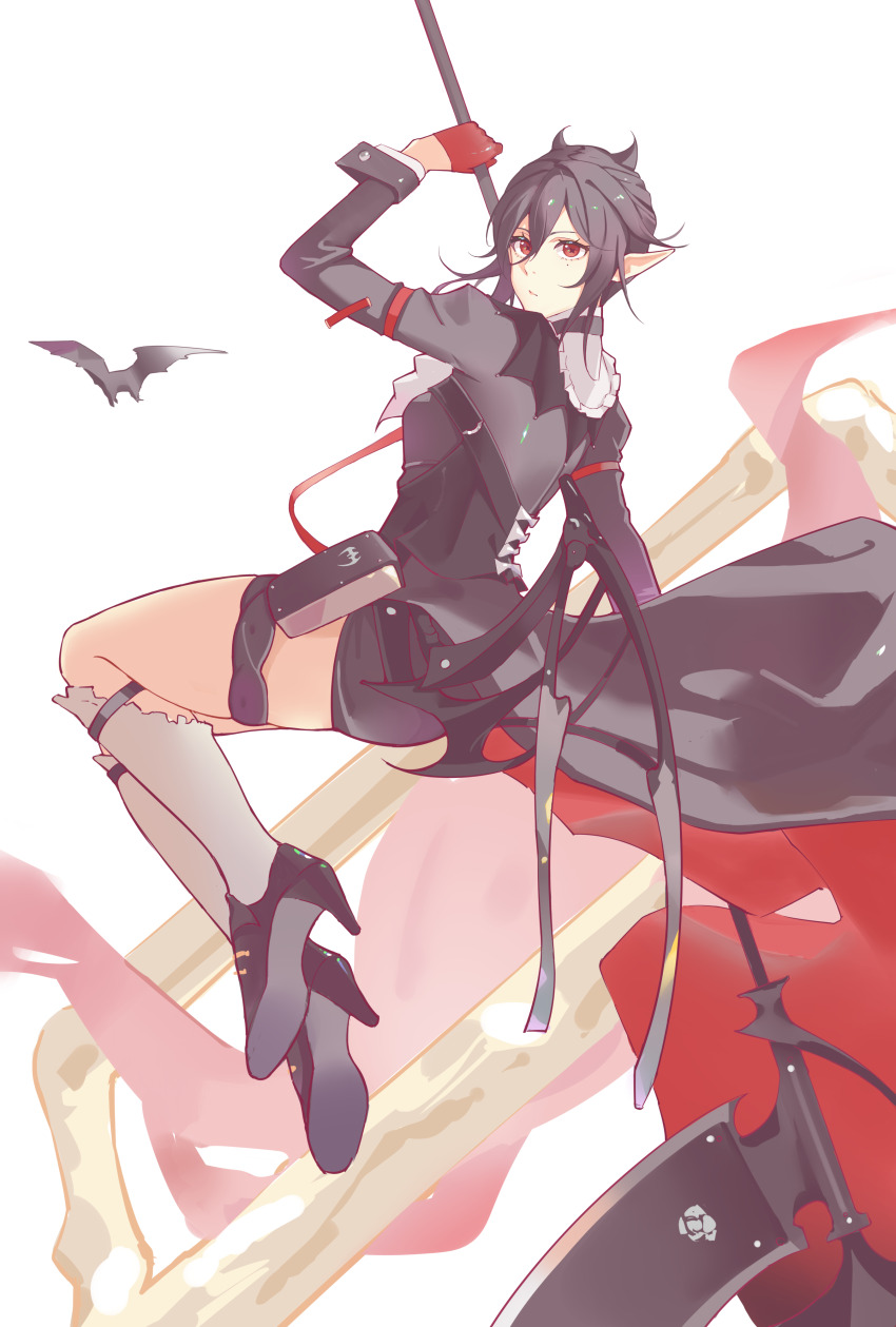 1girl absurdres arknights black_dress black_hair black_shoes chinese_commentary closed_mouth commentary dress entelechia_(arknights) floating gloves grey_socks hair_between_eyes hair_horns half_gloves high_heels highres holding holding_weapon kneehighs kumu_feng_chun long_sleeves looking_at_viewer mole mole_under_eye pointy_ears red_eyes red_gloves shoe_soles shoes short_hair socks solo turning_head weapon white_background