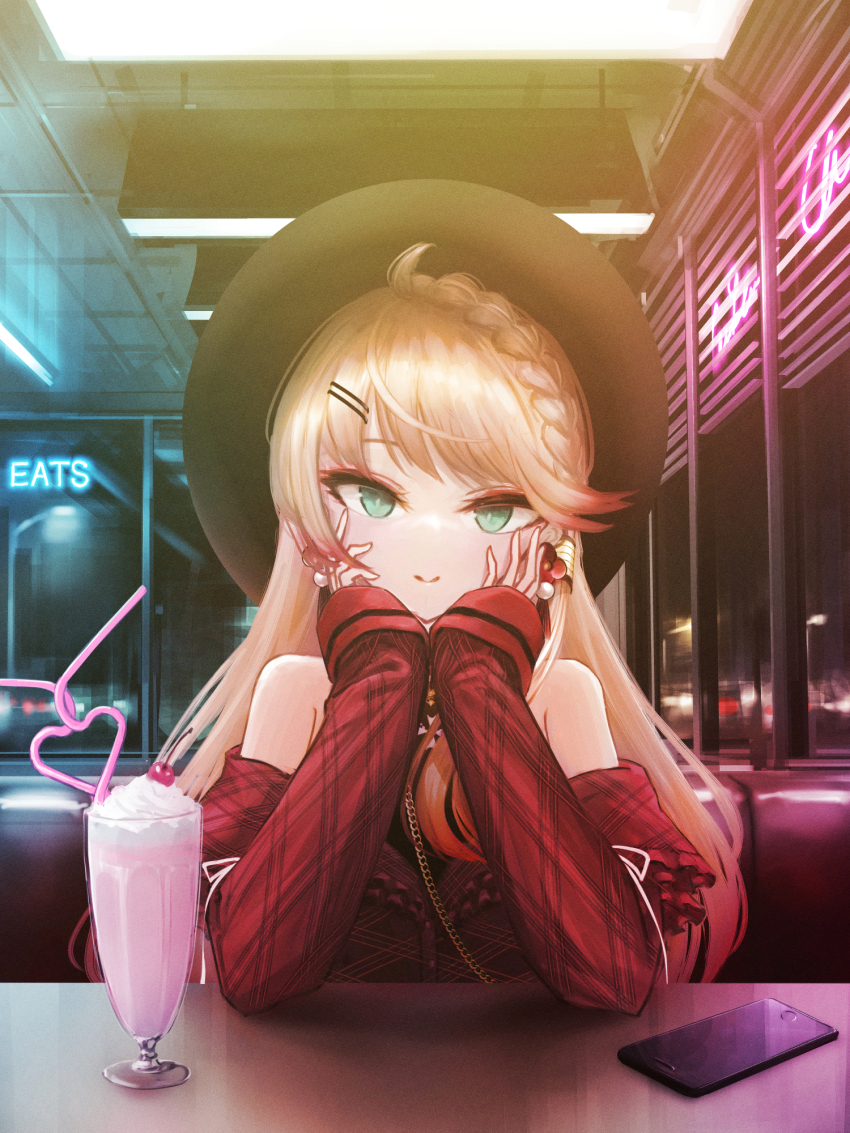 1girl azur_lane bare_shoulders blonde_hair cellphone checkered_clothes checkered_dress commentary dress green_eyes hair_ornament highres howe_(azur_lane) howe_(noble_rouge)_(azur_lane) indoors long_hair long_sleeves looking_at_viewer milkshake night nonelux off-shoulder_dress off_shoulder official_alternate_costume phone plaid_clothes plaid_dress pov_dating red_dress smartphone solo
