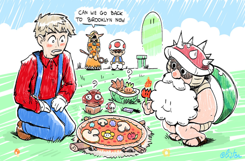 1girl 3boys artist_name black_eyes blonde_hair brown_footwear brown_hair chilchuck_tims cloud cooking cosplay day dress dungeon_meshi english_text fire_flower food gloves goomba green_shell_(mario) holding holding_staff kneeling knife laios_touden lakitu lakitu_(cosplay) marcille_donato mario mario_(cosplay) mario_(series) multiple_boys mushroom mushroom_hat nintendo olistar255 orange_dress outdoors overalls pants pizza princess_daisy princess_daisy_(cosplay) red_shirt saliva sandals senshi_(dungeon_meshi) shirt speech_bubble squatting staff standing star_bit toad_(mario) toad_(mario)_(cosplay) warp_pipe white_beard white_gloves white_pants x_x