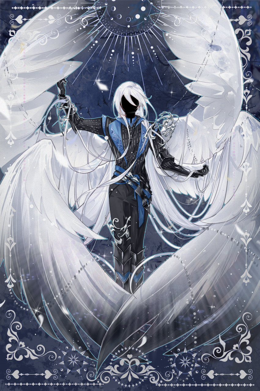 1boy angel_wings armor armored_boots baiguigelierwan belt black_boots black_gloves black_jacket black_pants black_skin blue_background blue_belt boots border cael_anselm cael_anselm_(until_the_end_of_time) chinese_commentary colored_lapels colored_skin earrings faceless faceless_male facing_viewer full_body gloves gradient_wings hair_between_eyes hair_flowing_over hand_up highres jacket jewelry lapels long_bangs long_hair long_sleeves lovebrush_chronicles male_focus moon_phases multicolored_wings multiple_wings ornate_border pants shoulder_armor shoulder_guard solo standing straight-on vambraces very_long_hair white_hair wings