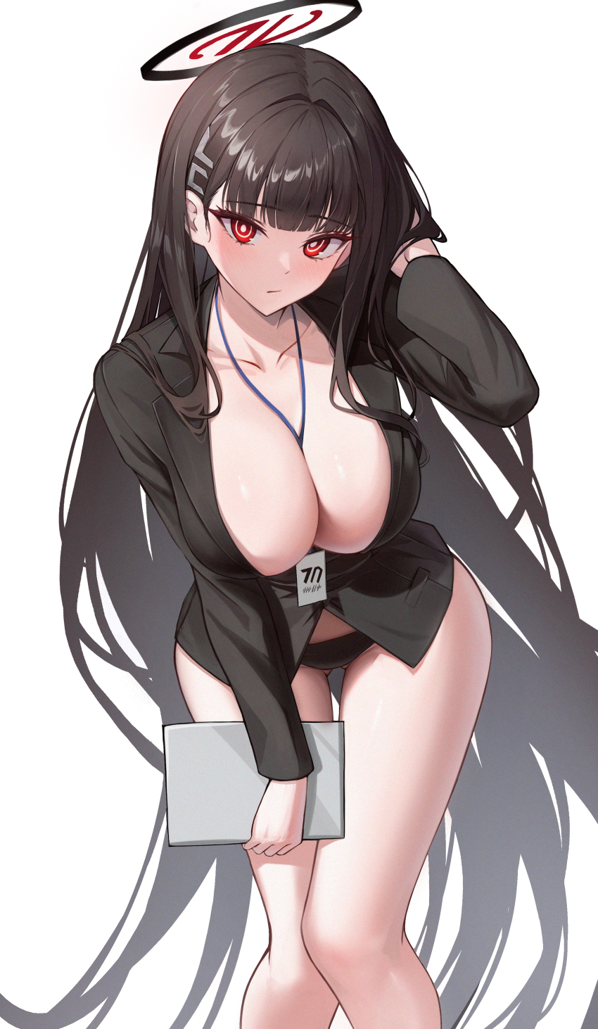 1girl absurdres bent_over between_breasts black_hair black_jacket black_panties blue_archive blunt_bangs blush breasts cleavage closed_mouth forte_kr gluteal_fold hair_behind_ear hair_ornament hairclip hand_in_own_hair highres holding holding_tablet_pc id_card jacket large_breasts long_hair looking_at_viewer no_pants no_shirt panties red_eyes rio_(blue_archive) sidelocks simple_background solo tablet_pc underwear very_long_hair white_background