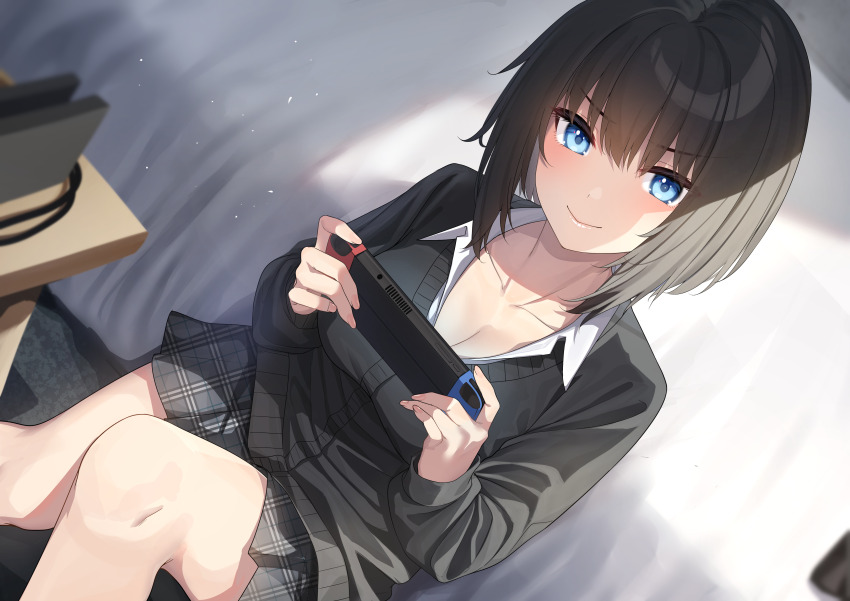 1girl absurdres bed bed_sheet black_hair black_skirt black_sweater blue_eyes breasts cleavage closed_mouth collarbone collared_shirt go-1 hair_between_eyes handheld_game_console highres holding holding_handheld_game_console looking_at_viewer medium_breasts nintendo_switch non-web_source on_floor original plaid_clothes plaid_skirt pleated_skirt school_uniform shirt short_hair sitting skirt smile solo sweater table v-shaped_eyebrows white_shirt