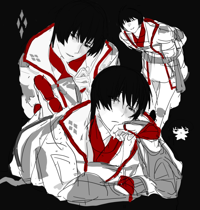 1boy asahi_sas_brutus black_background black_eyes black_hair bowl_cut chibi chibi_inset closed_eyes final_fantasy final_fantasy_xiv highres hyur japanese_clothes jidappeng leaning_forward male_focus sash short_hair simple_background smile