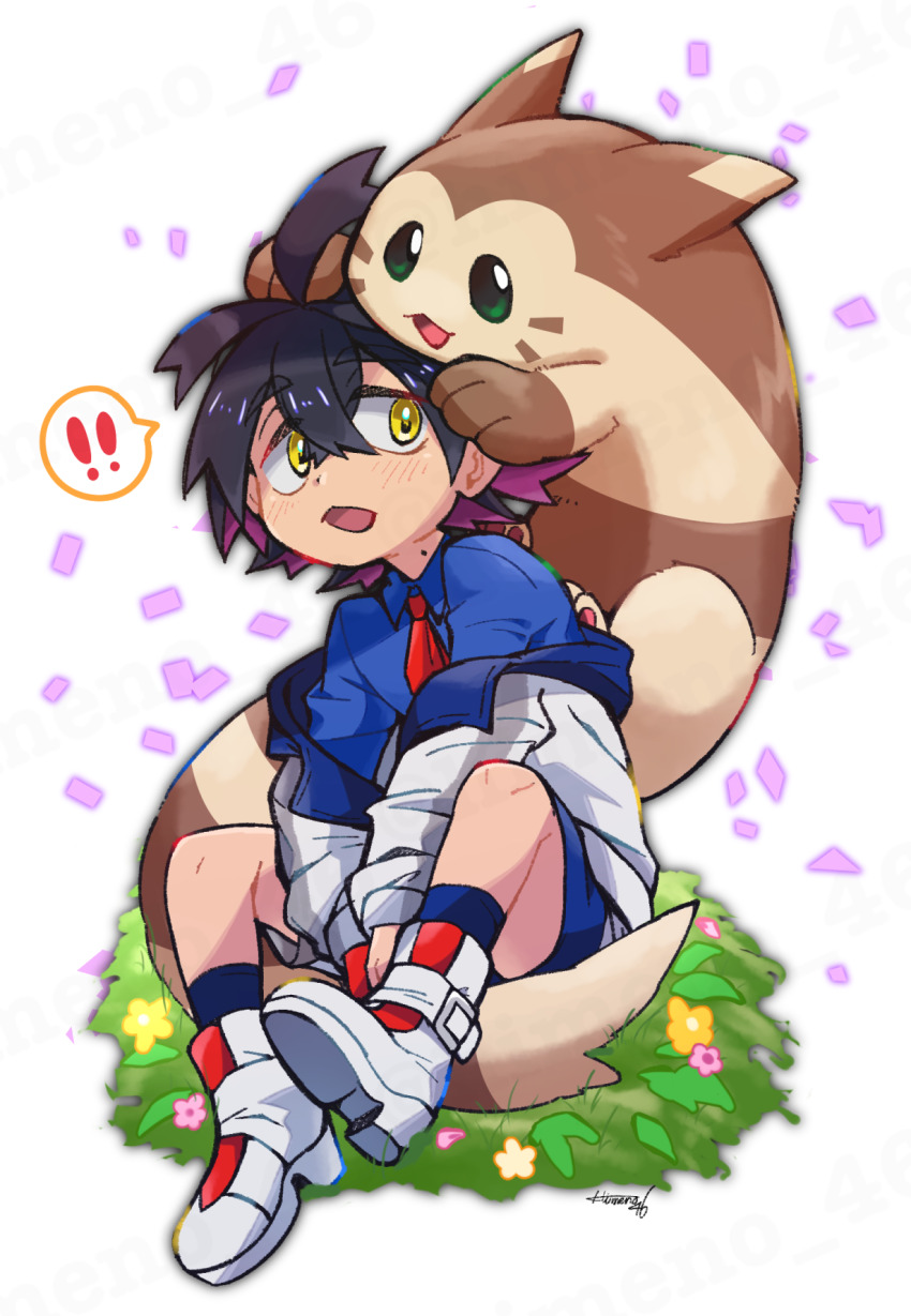 ! !! 1boy black_hair blue_shirt blue_socks blush confetti crossed_bangs flower full_body furret gen_2_pokemon hair_between_eyes highres himeshiro_(himeno_46) jacket kieran_(pokemon) long_sleeves male_focus mole mole_on_neck nintendo off_shoulder open_mouth orange_flower pink_flower pokemon pokemon_(creature) pokemon_sv purple_hair shirt shoes shorts simple_background sitting socks spoken_exclamation_mark white_footwear yellow_eyes yellow_flower