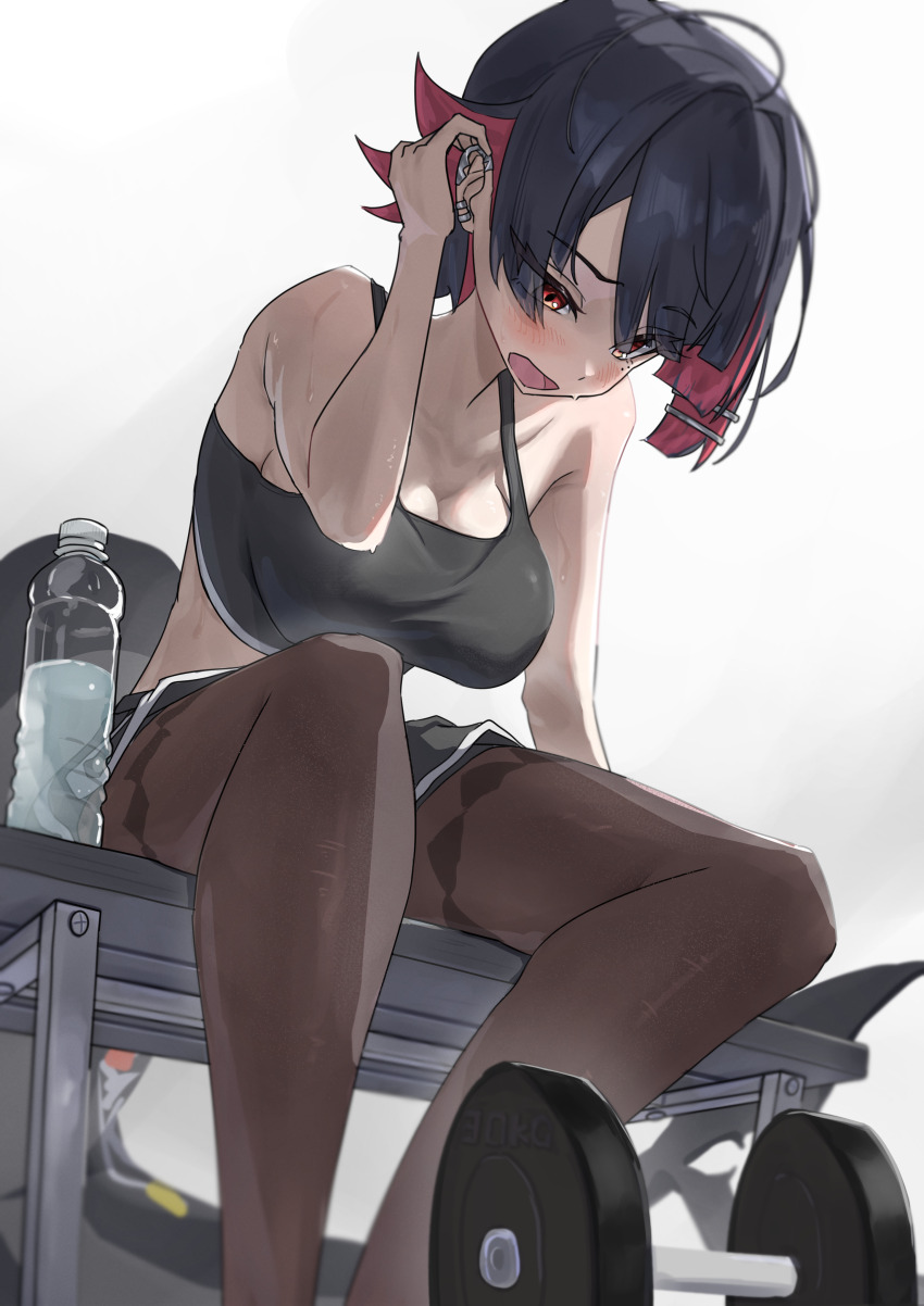 1girl absurdres black_hair black_pants black_pantyhose black_shirt black_shorts blush bottle dumbbell ellen_joe fins fish_tail hair_ornament hairpin highres looking_at_viewer mole mole_under_eye multicolored_hair open_mouth pants pantyhose red_eyes red_hair shark_girl shark_tail shirt shorts solo tail tora_(kumo_sakamoto) two-tone_hair water_bottle zenless_zone_zero