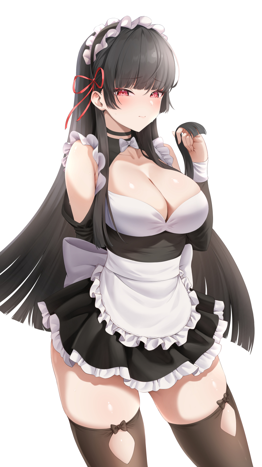 1girl absurdres alternate_costume apron arm_behind_back bare_shoulders black_dress black_hair black_thighhighs blush bow bowtie breasts chisa_(wuthering_waves) cleavage closed_mouth collarbone commentary dress english_commentary enmaided hair_ribbon highres holding holding_own_hair large_breasts legwear_cutout long_hair looking_at_viewer maid maid_headdress nevven red_eyes red_ribbon ribbon simple_background solo thighhighs thighs very_long_hair white_background white_bow white_bowtie wuthering_waves