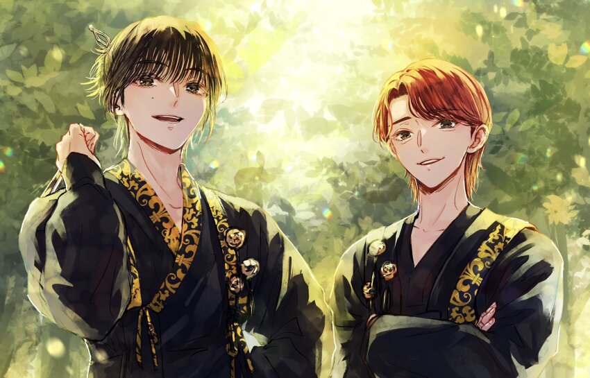2boys black_hair blunt_bangs brown_hair crossed_arms forest hair_bun hand_on_own_hip hashtag-only_commentary highres jeonghan_(seventeen) joshua_(seventeen) k-pop korean_clothes male_focus mokome124 mole multiple_boys nature outdoors real_life seventeen_(group) smile upper_body