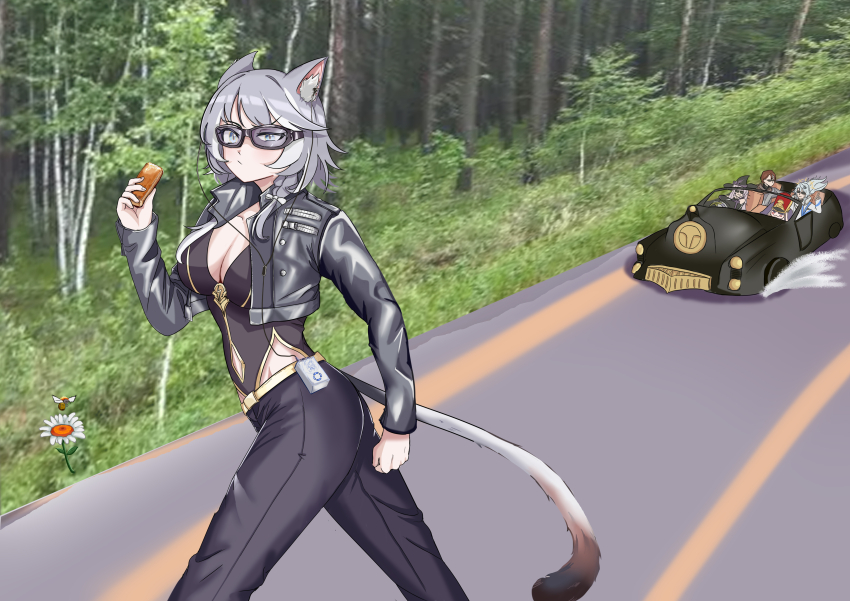 2boys 2girls absurdres animal_ear_fluff animal_ears black_hat black_jacket black_pants breasts brown_hair car cat_ears cat_tail chinese_commentary cipher_(honkai:_star_rail) cleavage commentary_request cropped_jacket flower grey_hair hand_up hat herta_(honkai:_star_rail) highres holding honkai:_star_rail honkai_(series) jacket large_breasts long_sleeves motor_vehicle multiple_boys multiple_girls outdoors pants photo_background pom-pom_(honkai:_star_rail) shicheng sunday_(honkai:_star_rail) sunglasses tail the_herta_(honkai:_star_rail) uneven_eyes welt_yang white_flower witch_hat