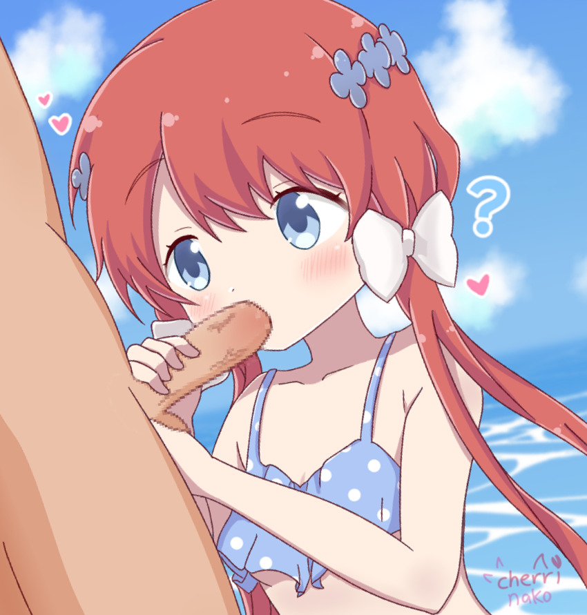 1boy 1girl aged_down bikini blue_eyes blush breasts censored cherrinako clothed_female_nude_male female_focus heart hetero highres kirara_fantasia lamp_(kirara_fantasia) long_hair looking_at_penis nose nude oral penis red_hair sex sky small_breasts swimsuit veins veiny_penis wather
