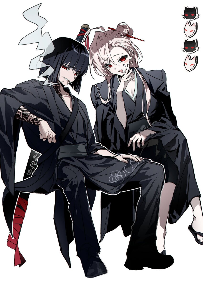2girls absurdres artist_request black_coat black_kimono black_pants check_artist coat coat_on_shoulders full_body hair_ornament hair_stick highres japanese_clothes kimono kurokumo_clan_(identity)_(project_moon) lapels limbus_company long_hair looking_at_viewer multiple_girls notched_lapels oc_x_canon ootachi open_mouth original pants pink_hair project_moon red_eyes reo_(rw0419) rw0419 ryoshu_(project_moon) sandals simple_background smile very_long_hair white_background