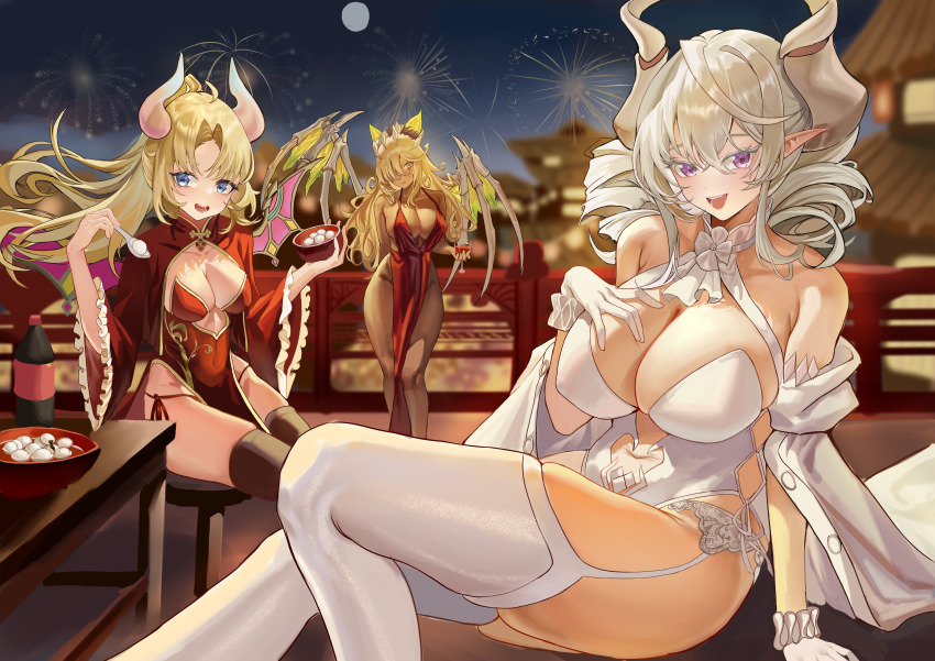 3girls absurdres alternate_costume blonde_hair bowl breasts chair china_dress chinese_clothes chinese_new_year cleavage dark-skinned_female dark_skin demon_girl demon_horns dress drill_hair duel_monster ecclesia_(yu-gi-oh!) feet_out_of_frame fireworks full_moon garter_belt hair_over_one_eye hand_on_own_arm highres holding holding_bowl holding_spoon horns incredible_ecclesia_the_virtuous large_breasts liuli_xiao long_sleeves lovely_labrynth_of_the_silver_castle medium_breasts mementotlan_angwitch moon multiple_girls outdoors pointy_ears purple_eyes red_dress skeletal_wings spoon table thighhighs twin_drills white_dress wide_sleeves wings yellow_eyes yu-gi-oh!