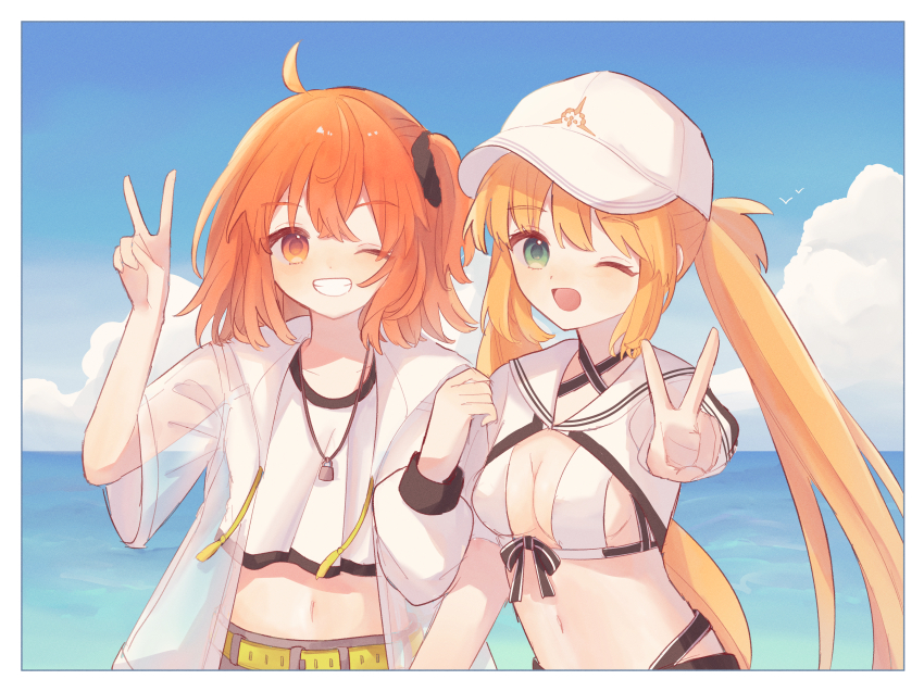 2girls ;d absurdres ahoge artoria_caster_(fate) artoria_caster_(swimsuit)_(fate) artoria_caster_(swimsuit)_(first_ascension)_(fate) artoria_caster_(swimsuit_berserker)_(fate) artoria_caster_(swimsuit_berserker)_(first_ascension)_(fate) artoria_pendragon_(fate) baseball_cap beach belt bikini black_scrunchie blonde_hair blue_sky border cloud cloudy_sky crop_top cropped_jacket day drawstring fate/grand_order fate_(series) fujimaru_ritsuka_(female) fujimaru_ritsuka_(female)_(summer_street) green_belt green_eyes grin hair_ornament hair_scrunchie hat highres jacket jewelry koromo_(osakana0525) locked_arms long_hair long_sleeves looking_at_viewer multiple_girls navel necklace ocean one_eye_closed one_side_up open_clothes open_jacket open_mouth orange_eyes orange_hair sailor_collar scrunchie see-through_clothes see-through_jacket shirt short_sleeves shrug_(clothing) sky smile swimsuit twintails v very_long_hair water white_bikini white_border white_hat white_jacket white_shirt