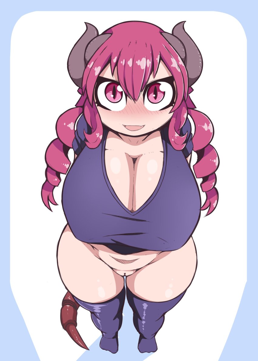 1girl absurdres arms_behind_back blue_border blush border bottomless breasts cleavage cleft_of_venus dragon_girl dragon_horns dragon_tail embarrassed excited eyelashes fang female_focus from_above full_body highres horns huge_breasts ilulu_(maidragon) kobayashi-san_chi_no_maidragon looking_at_viewer looking_up matching_hair/eyes no_nose open_mouth purple_shirt purple_thighhighs pussy quin_nsfw red_eyes red_hair shirt shortstack simple_background skin_fang slit_pupils smile solo standing t-shirt tail thighhighs uncensored white_background wide_hips