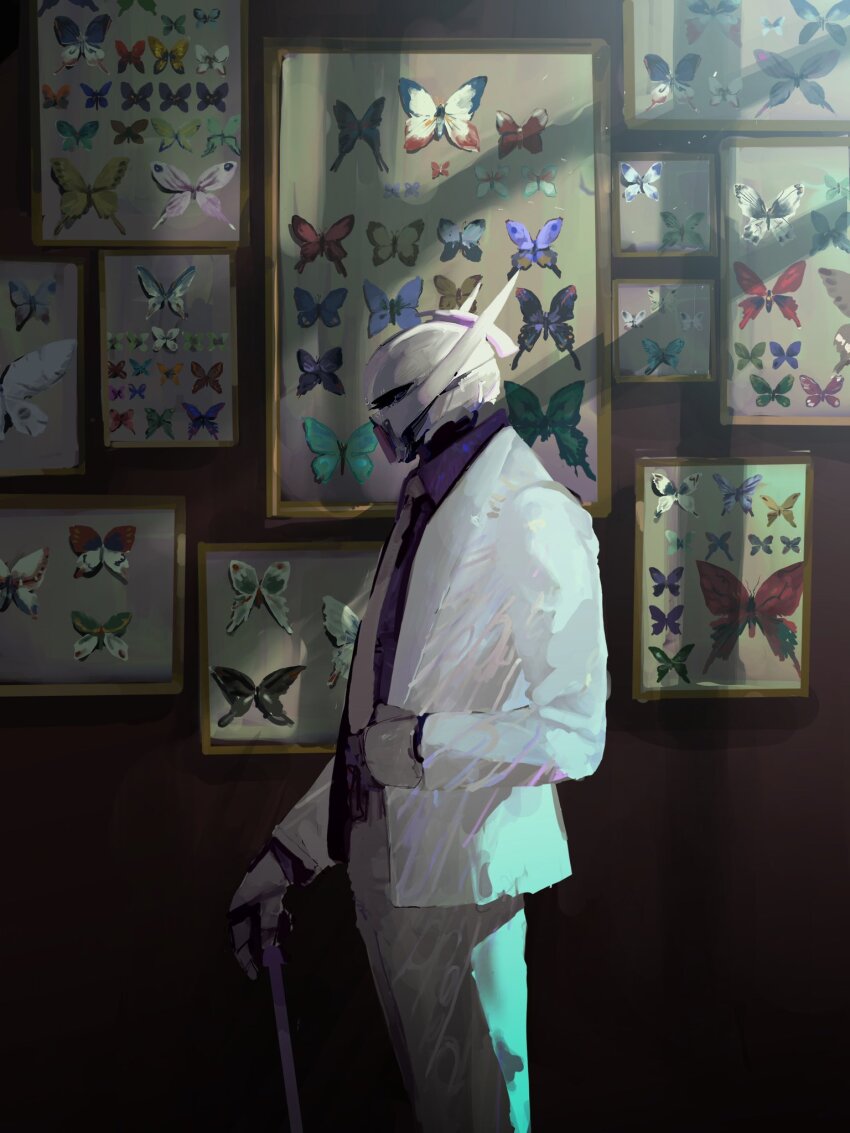 bug butterfly cane clothed_robot commentary_request facial_hair formal_clothes framed_insect from_side gundam highres holding holding_cane indoors insect jacket long_sleeves mecha mobile_suit mustache necktie pants picture_frame purple_shirt rintaro_komori robot shirt solo standing suit suit_jacket sunlight too_many too_many_butterflies turn_a_gundam turn_a_gundam_(mobile_suit) white_jacket white_necktie white_pants white_suit window_shadow