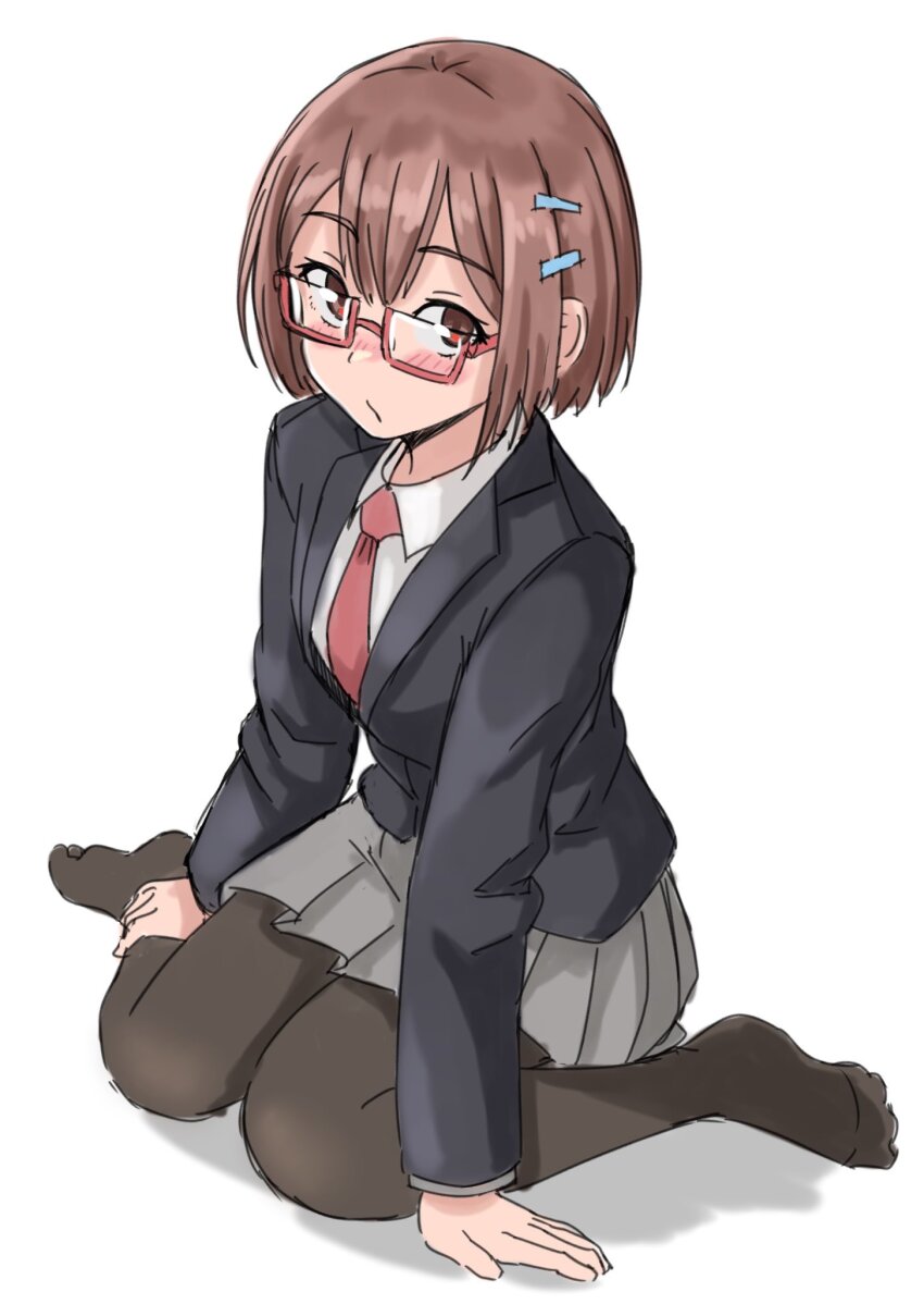 1girl black_jacket black_pantyhose blush brown_eyes brown_hair full_body glasses grey_skirt hair_ornament hairclip hakuino_hakase highres jacket like_and_redraw_challenge looking_at_viewer necktie no_shoes original pantyhose pleated_skirt red-framed_eyewear red_necktie school_uniform semi-rimless_eyewear short_hair simple_background sitting skirt solo under-rim_eyewear wariza white_background