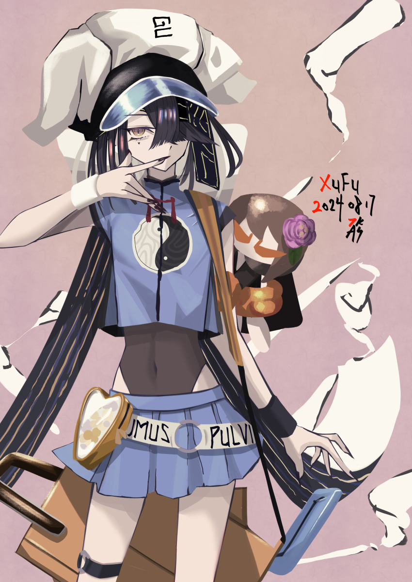 1girl absurdres bare_shoulders black_hair black_one-piece_swimsuit blue_shirt blue_skirt breasts brown_eyes chainsaw character_doll covered_navel crop_top doll fate/grand_order fate_(series) hair_over_one_eye hat highres looking_at_viewer miniskirt mole mole_under_eye nail_polish one-piece_swimsuit shirt short_hair skirt sleeveless sleeveless_shirt small_breasts solo swimsuit swimsuit_under_clothes thigh_strap thighs tsukaasa white_hat wristband xu_fu_(fate) xu_fu_(swimsuit_avenger)_(first_ascension)_(fate) yin_yang yin_yang_print yu_mei-ren_(fate)
