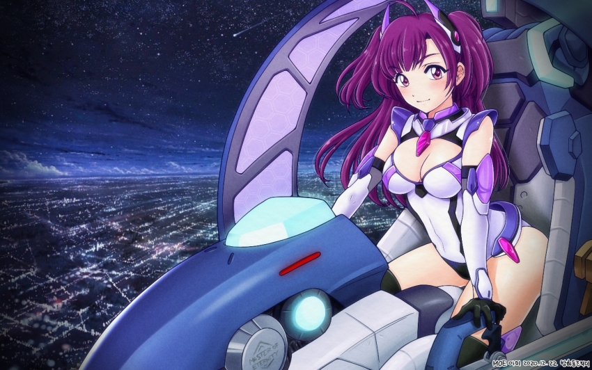 1girl amy_(master_of_eternity) arm_armor artist_name asymmetrical_bangs banghwadongjopidi black_gloves black_thighhighs blush breasts character_name city_lights cleavage cleavage_cutout closed_mouth clothing_cutout cloud cockpit commentary_request copyright_name covered_navel dated english_text gloves hair_ornament horizon korean_commentary leaning_forward leotard long_hair looking_at_viewer master_of_eternity medium_breasts night night_sky partial_commentary piloting purple_eyes purple_hair shooting_star sitting sky smile solo star_(sky) starry_sky thighhighs two_side_up white_leotard