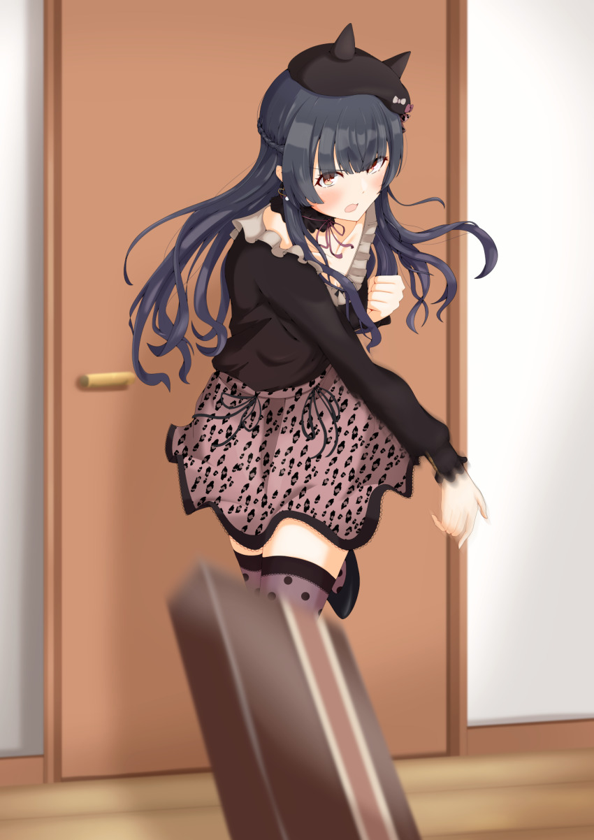1girl angry animal_print beret black_hair blouse blunt_bangs blush box box_of_chocolates braid brown_eyes choker clenched_hand crown_braid earrings fake_horns female_focus frilled_choker frills hat heart heart_earrings high_heels highres horns idolmaster idolmaster_shiny_colors jewelry long_hair looking_at_viewer mamihomu-mdk mayuzumi_fuyuko motion_blur open_mouth polka_dot ribbon shirt skirt solo thighhighs throwing throwing_food thrown tsundere valentine zettai_ryouiki