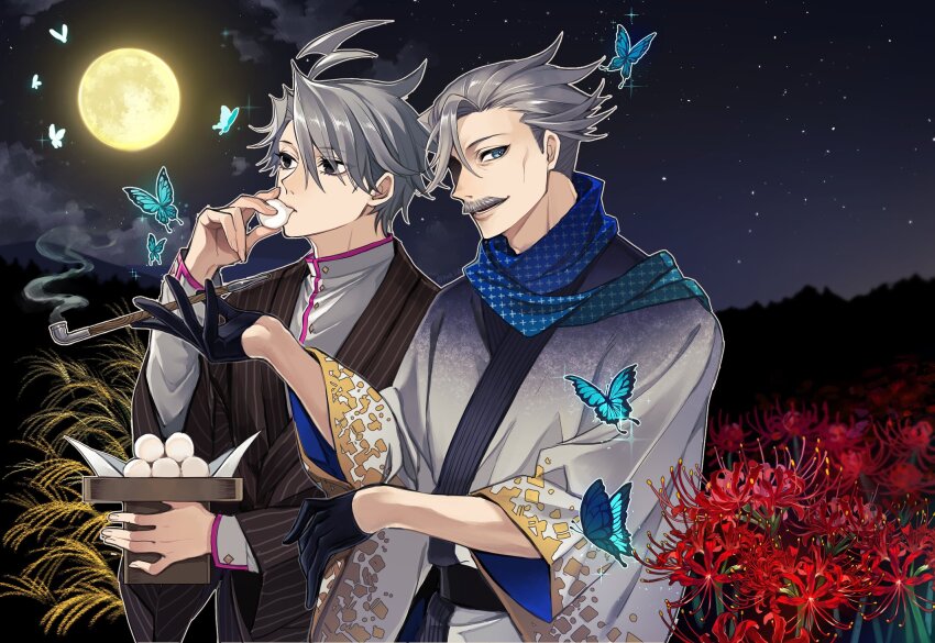 2boys ahoge black_eyes black_gloves black_sash blue_butterfly blue_eyes blue_scarf brown_kimono bug butterfly closed_mouth cloud commentary_request dango eating facial_hair fate/grand_order fate_(series) flower food frontierpax full_moon gloves gradient_clothes gradient_kimono grey_hair grey_kimono hair_between_eyes hand_up highres holding holding_food holding_smoking_pipe insect jacket james_moriarty_(archer)_(fate) james_moriarty_(ruler)_(fate) japanese_clothes kimono kiseru lightning_ahoge long_sleeves looking_at_viewer lower_teeth_only male_focus moon mountainous_horizon multiple_boys mustache night night_sky obi open_mouth outdoors red_flower sanbou sash scarf short_hair sky smile smoking_pipe sparkle spider_lily star_(sky) starry_sky striped_clothes striped_kimono susuki_grass teeth tsukimi tsukimi_dango upper_body vertical-striped_clothes vertical-striped_kimono wagashi white_jacket white_kimono wide_sleeves