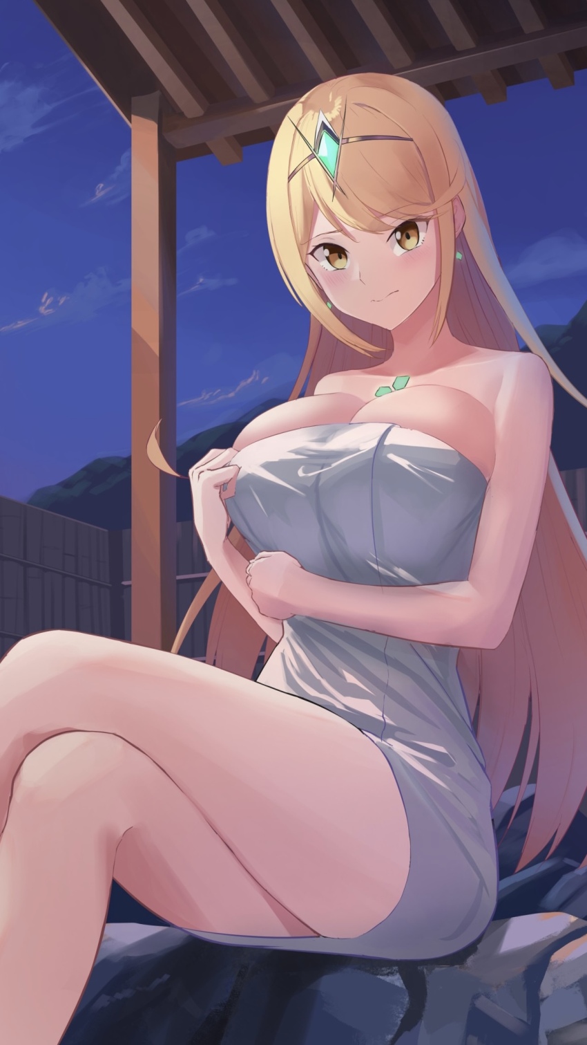 1girl arm_under_breasts bare_shoulders blonde_hair breast_lift breasts chest_jewel closed_mouth core_crystal_(xenoblade) crossed_legs earrings embarrassed floating_earrings highres jewelry large_breasts lom_(lom_lom_8) long_hair looking_at_viewer mythra_(xenoblade) naked_towel night night_sky outdoors sitting sky solo swept_bangs tiara towel xenoblade_chronicles_(series) xenoblade_chronicles_2 yellow_eyes