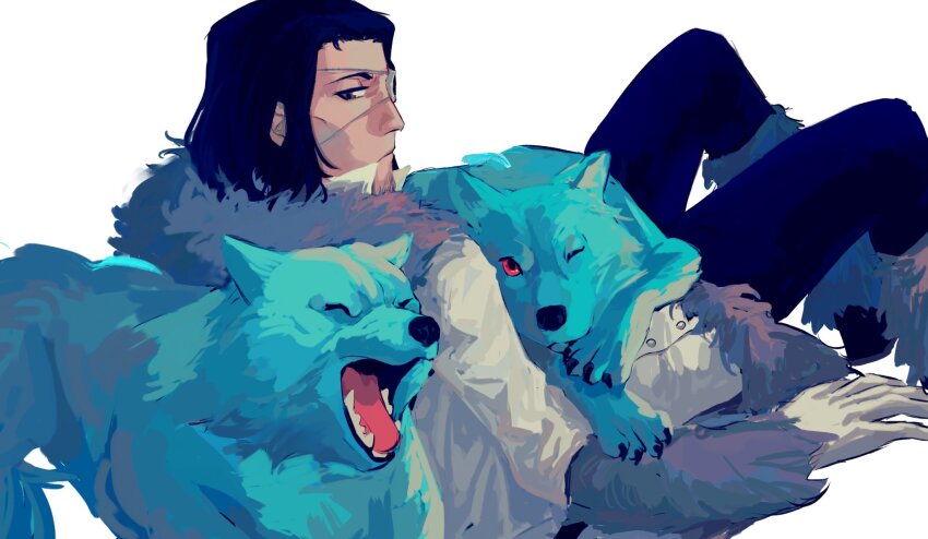 1boy animal arrancar beard_stubble black_hair bleach blue_fur blue_pants boots closed_eyes closed_mouth collared_jacket coyote_starrk cutegua dog_on_lap eyepatch facial_hair fur-trimmed_boots fur-trimmed_collar fur-trimmed_sleeves fur_trim gloves grey_eyes half-closed_eyes highres jacket looking_at_animal looking_back lying medium_hair one_eye_closed pants red_eyes resurreccion stubble white_background white_gloves white_jacket wolf yawning
