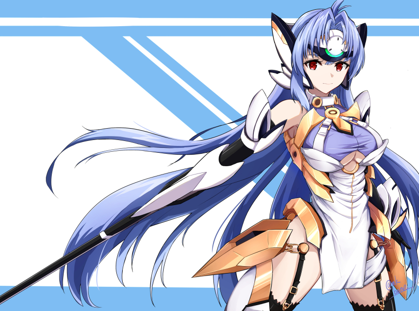 1girl arm_blade bare_shoulders blue_background blue_hair breasts closed_mouth commentary cowboy_shot dress forehead_protector garter_straps headgear highres kos-mos kos-mos_ver._4 large_breasts long_hair looking_at_viewer makibane_(mkbane) red_eyes simple_background smile solo standing two-tone_background very_long_hair weapon white_background white_dress xenosaga xenosaga_episode_iii